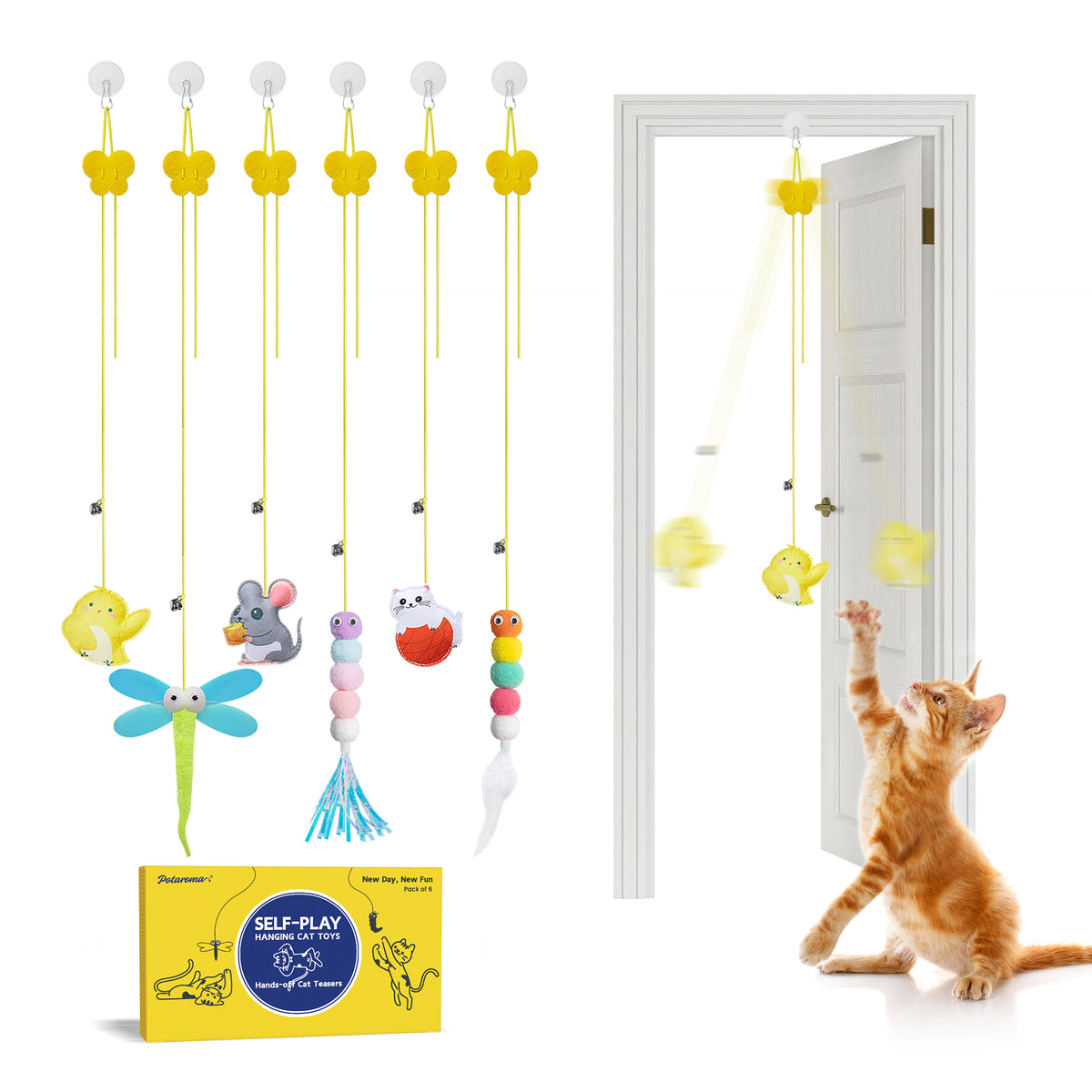 Potaroma Interactive Hanging Cat Toys, 6 Pcs Cat Teaser Retractable